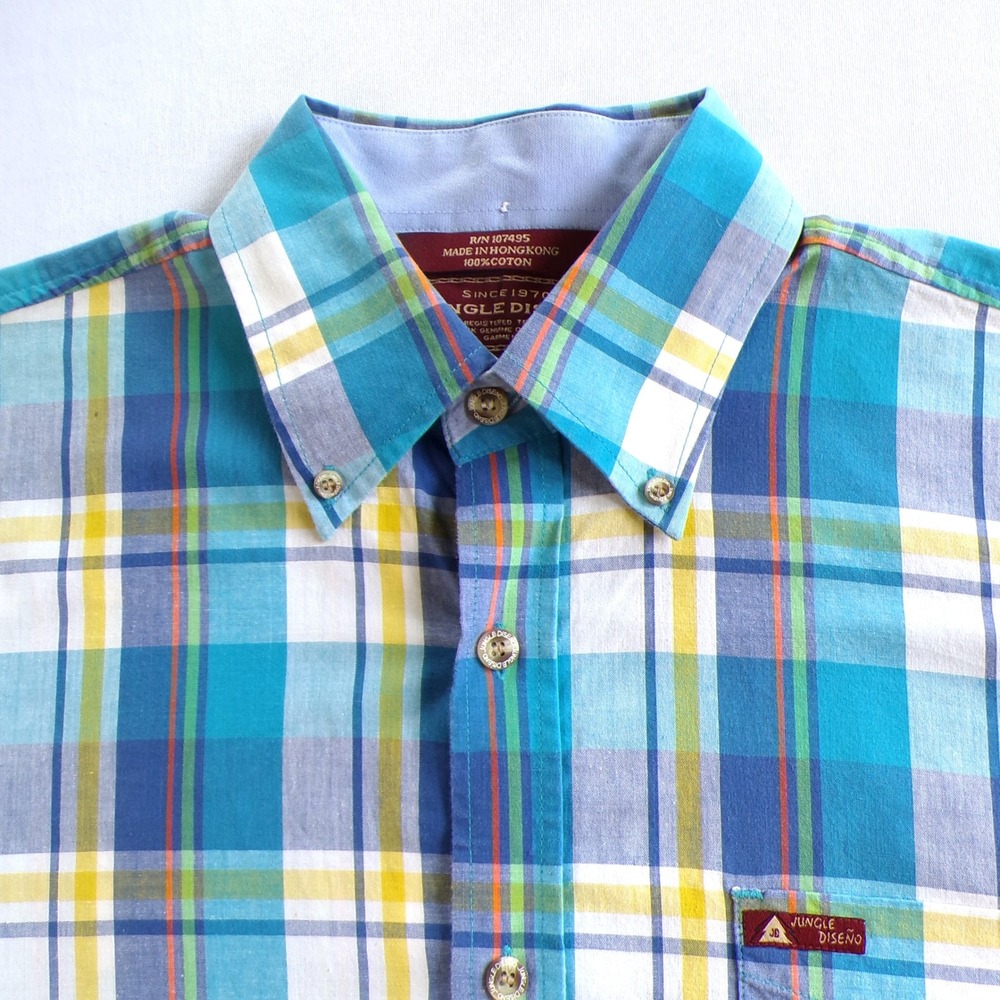 Jungle Diseño Mens Small Blue Plaid Button Down Shirt Cotton Vintage Hong Kong